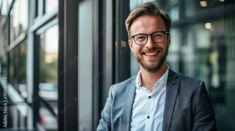 Smiling businessman in glasses standing in front of glass window. Smiling businessman in glasses standing in front of glass window.