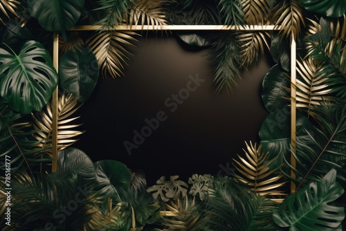 Gold frame background  tropical leaves and plants around the gold rectangle in the middle of the photo with space for text