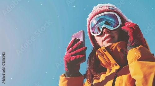 A youthful female donning ski attire capturing an image using a mobile device.