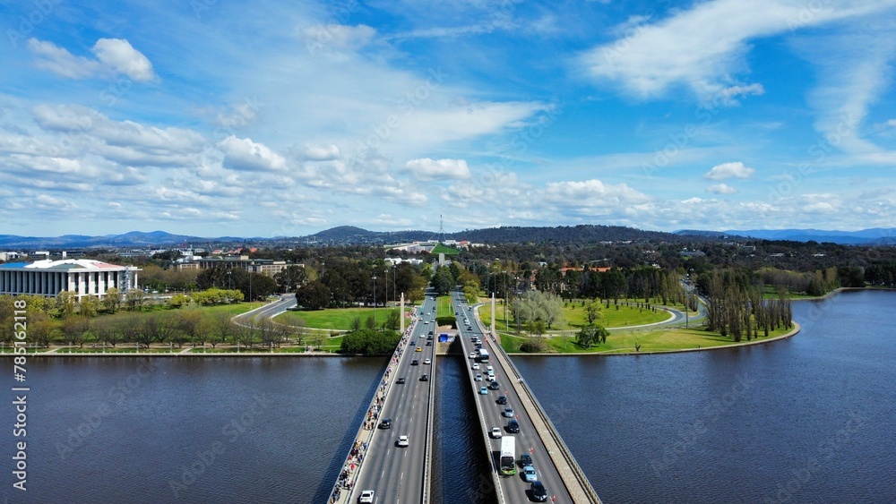 Aerial view of Commonwealth avenue bridge over Burley Griffin lake in Canberra, Australia Aerial view of Commonwealth avenue bridge over Burley Griffin lake in Canberra, Australia
