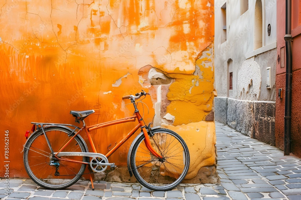 AI-generated illustration of an orange bicycle resting against a vibrant orange wall