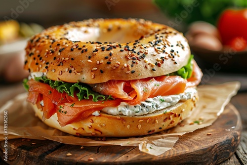 AI-generated illustration of a bagel with smoked salmon, lettuce, and cream cheese