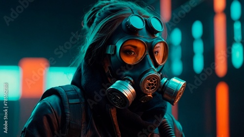 A portrait of a woman wearing a gas mask and goggles surrounded by night megapolis neon lights. Dark dystopian futuristic cyberpunk art sci-fi illustration.