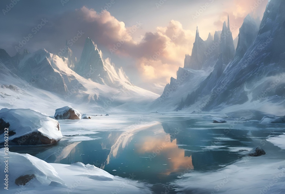 AI generated illustration of a snow-covered mountain range in winter landscape