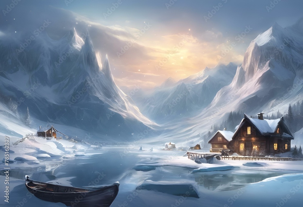 AI generated illustration of a scenic painting featuring houses by a frozen lake - obrazy, fototapety, plakaty 