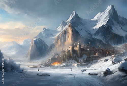 AI generated illustration of a snowy mountain landscape with ancient charm