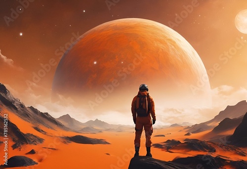 AI generated illustration of a man in an orange space suit standing on a mountain rock photo