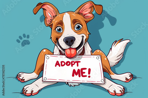 Adopt dog from shelter - cute dog holding sign @Adopt me!@ on solid color background