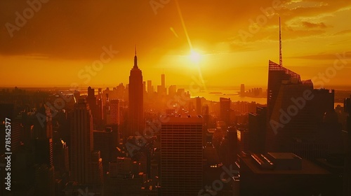 AI generated illustration of a sunset over urban skyline with tall buildings in foreground