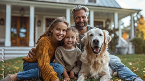 Man, Two Children, and Dog in Front of House