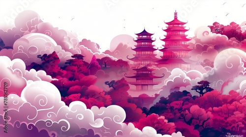 AI generated illustration of serene purple and white landscape with a distant pagoda