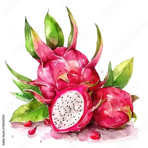 A watercolor illustration of dragon fruit, with one half cut to reveal the speckled interior