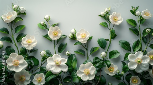 flowers and verdant foliage set against a minimalist white background, depicted in realistic high resolution, their natural beauty and elegance captured with cinematic flair.