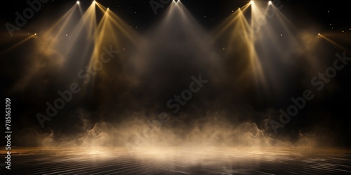 Gold stage background, gold spotlight light effects, dark atmosphere, smoke and mist, simple stage background, stage lighting, spotlights