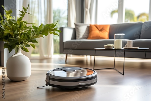 Robotic vacuum cleaner cleaning the floor in the living room at home photo