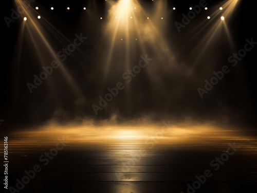 Gold stage background, gold spotlight light effects, dark atmosphere, smoke and mist, simple stage background, stage lighting, spotlights © GalleryGlider