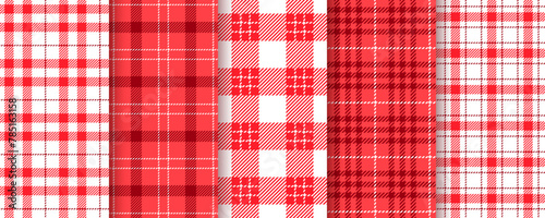 Cloth seamless background. Tablecloth red pattern. Vichy gingham prints. Set checkered kitchen texture. Picnic retro plaid backdrops. Lumberjack table textile. Tartan wallpapers. Vector illustration. 
