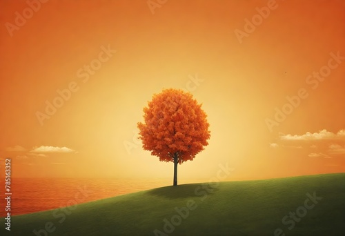 a lone orange tree sitting on top of a lush green hillside