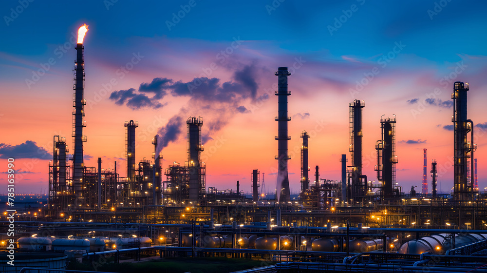 Oil​ refinery​ and​ plant and tower column of petrochemistry industry in oil​ and​ gas​ ​industrial with​ sky the sunset background​