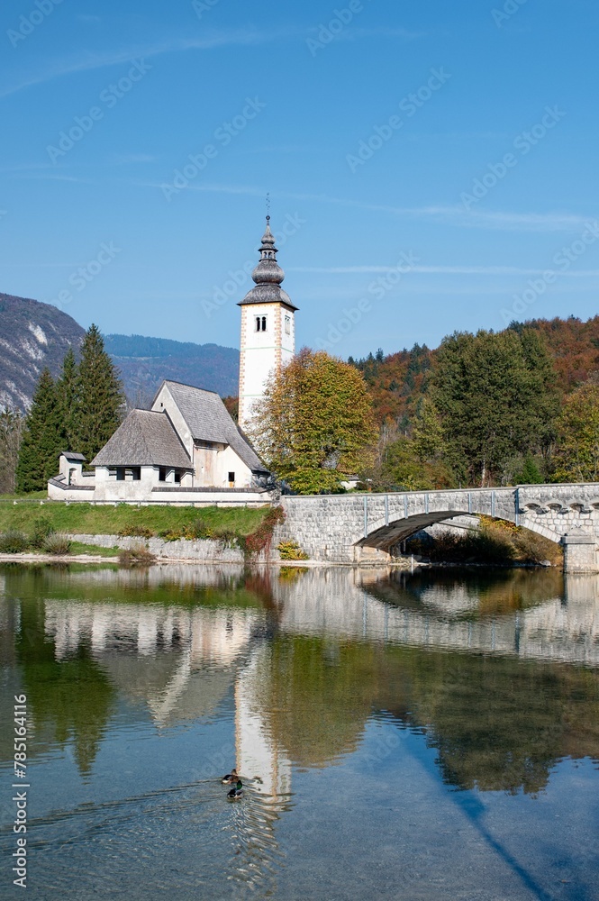 Church of St John the Baptist near lake Bohinj, Slovenia in autumn