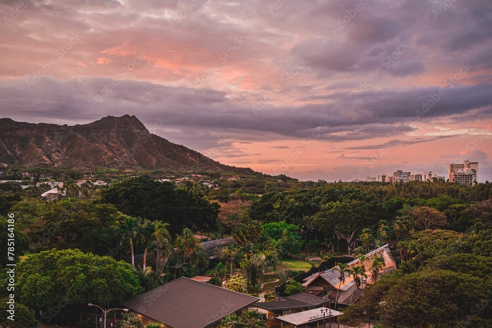Landscape of a beautiful sunset over Paradise Cove Luau, Hawaii.