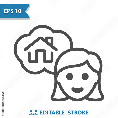 Home Owner Icon. Woman, Realtor, Thinking, Real Estate, House, Home, Thought Bubble