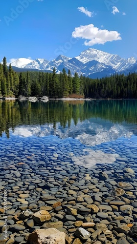 AI generated illustration of mountain peaks reflecting in water with rocks in foreground