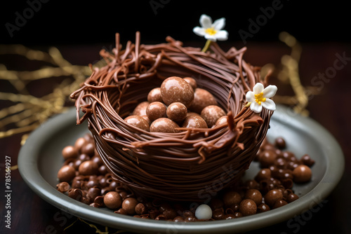 Chocolate Nest, Adorable and sweet Easter treat made with chocolate and edible decoration photo