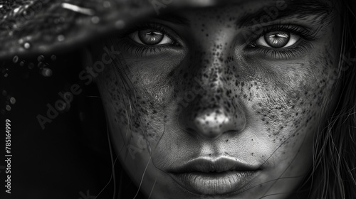 Grayscale shot of a girl wearing a hat adorned with freckles, AI-generated.