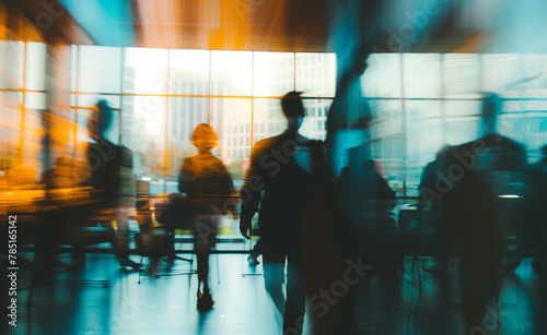 Blurred silhouettes of people in a coworking space or office space.