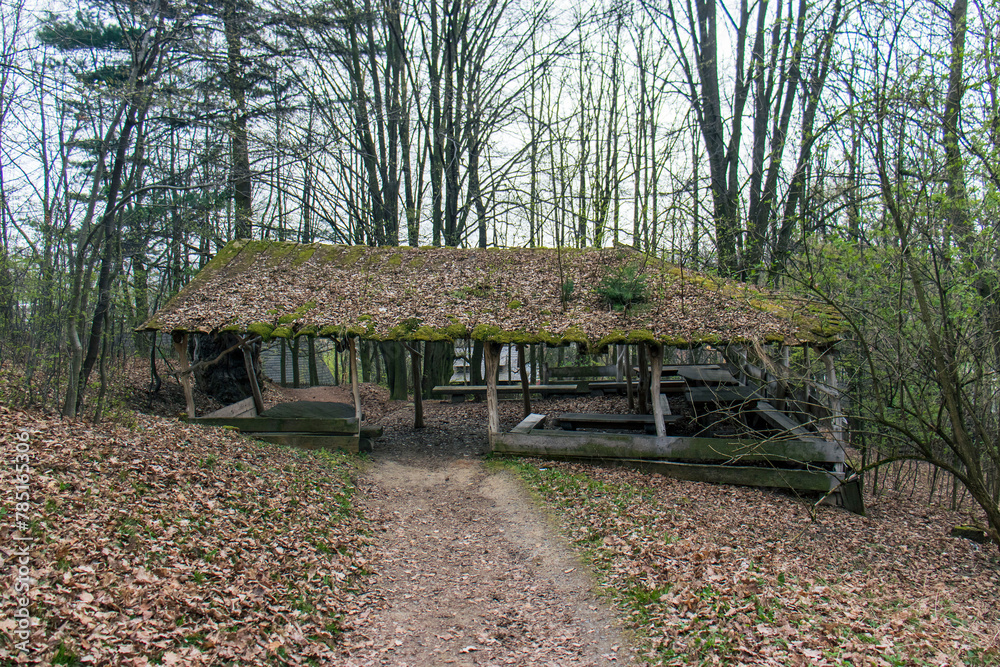 Old wooden shed in the forest. The roof of the shed covered with moss and leaves. Wooden shelter with benches and tables. Old wooden shed in the forest. The roof of the shed covered with moss and leaves. Wooden shelter with benches and tables.