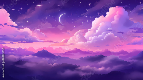 Purple gradient mystical moonlight sky with clouds and stars phone background wallpaper