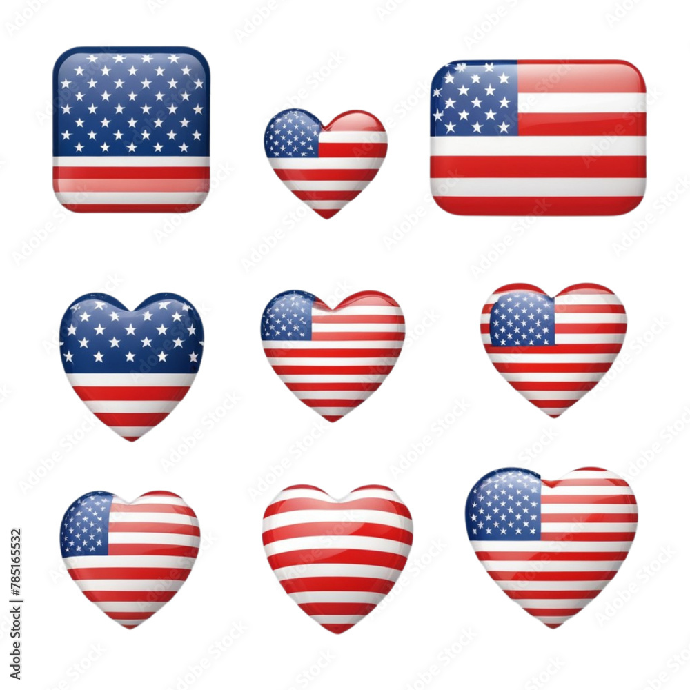 Flag of USA icons collection. Flat stickers and 3d realistic glass vector elements on Isolated transparent background png. generated with AI Flag of USA icons collection. Flat stickers and 3d realistic glass vector elements on Isolated transparent background png. generated with AI