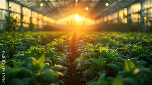 Field of green plants in a greenhouse with the sun shining through the leaves