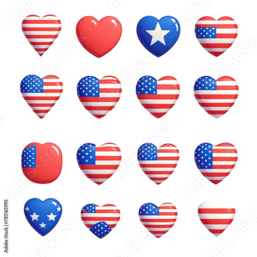 Flag of USA icons collection. Flat stickers and 3d realistic glass vector elements on Isolated transparent background png. generated with AI