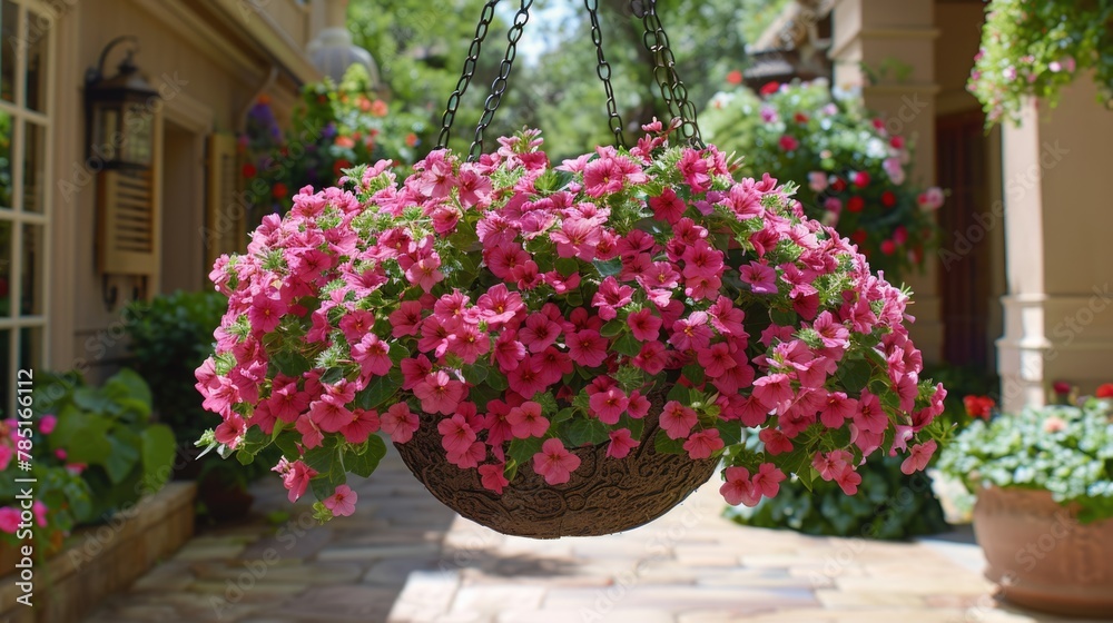 A colorful hanging basket of pink flowers adorns the outside of a charming home, adding a touch of elegance.