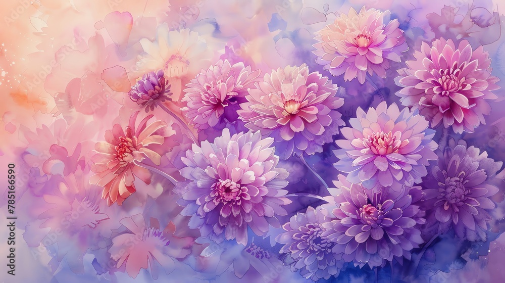 A dreamy watercolor painting of asters, with their starshaped flowers in shades of purple and pink, symbolizing fall A dreamy watercolor painting of asters, with their starshaped flowers in shades of purple and pink, symbolizing fall