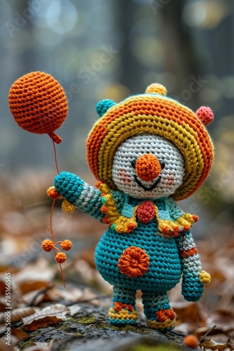 Joyful crochet amigurumi clown with colorful outfit and a tiny balloon  perfect for a childrens party scene   cinematic