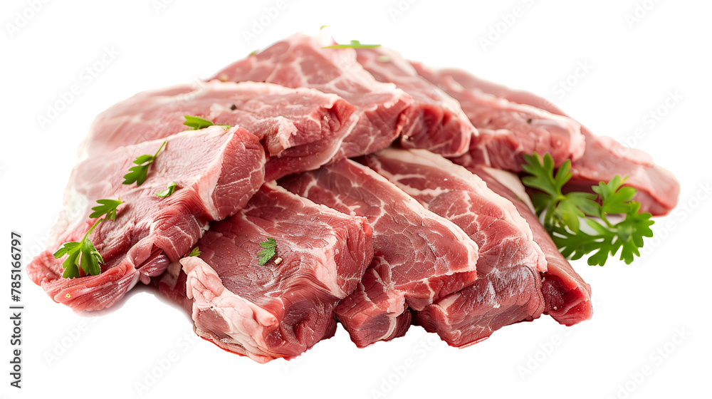 Raw pork meat slices, sprinkled with herbs, isolated white background, transparent background