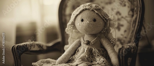 Nostalgic crochet amigurumi doll in vintage dress, seated on an antique chair, soft sepia tones , cinematic