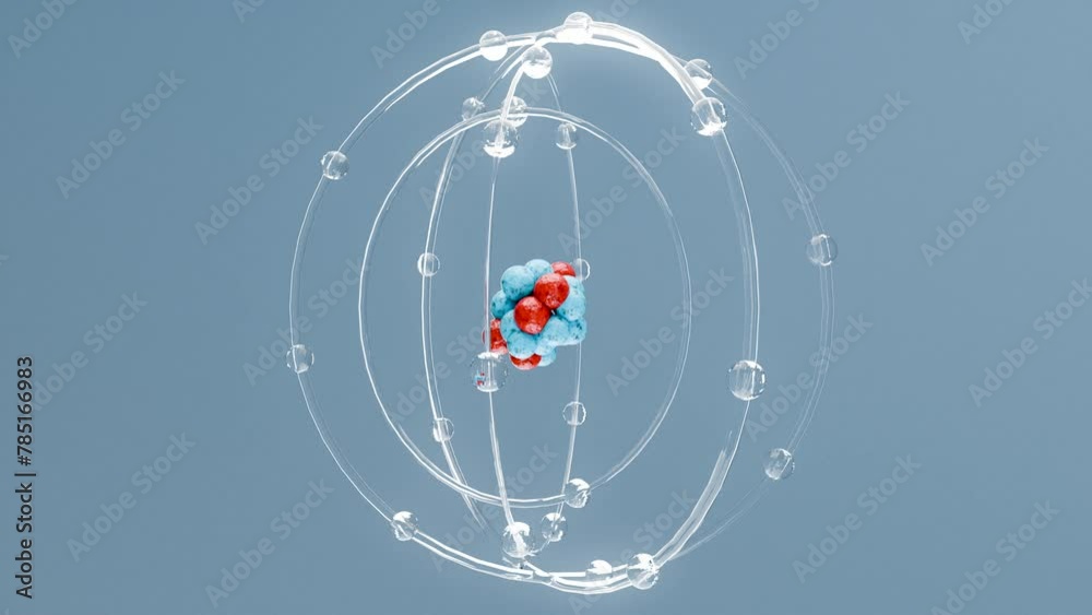 Atom anatomy, Atomic model or structure , loop animation, electrons orbiting the nucleus particles, Single atom and its electron cloud. Quantum mechanics and atomic, Neutrons and protons, 3d render