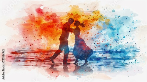 A vibrant depiction of a salsa dance lesson on the beach, with lively movements and a passionate watercolor ocean background isolated on white background clipart