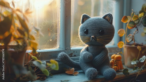 Serene scene of a crochet amigurumi cat, soft gray fur, delicate whiskers, sitting in a cozy sunlit window , cinematic