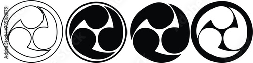 Shinto Japanese religion Hidari mitsudomoe symbol set. Tomoe comma vector silhouette icon Oriental sign Tomoe hams symbol formed by three magatama, on transparent background Rightwise Threefold Tomoe, photo