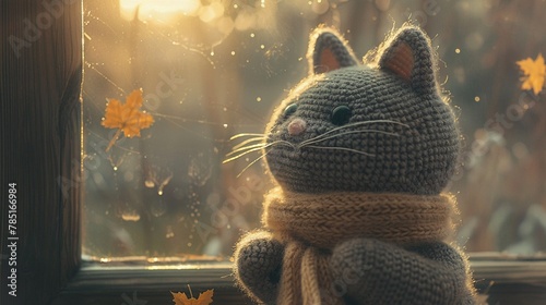 Serene scene of a crochet amigurumi cat, soft gray fur, delicate whiskers, sitting in a cozy sunlit window , cinematic