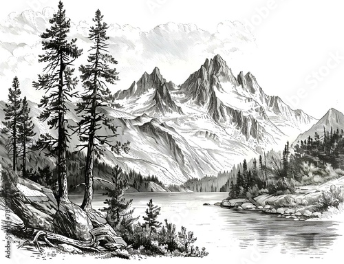 AI generated illustration of a mountain range, lake, and pine trees create a stunning landscape
