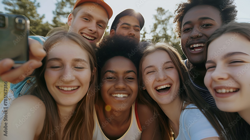 Group of Young People Laughing, Taking Selfie Outdoors Group of Young People Laughing, Taking Selfie Outdoors