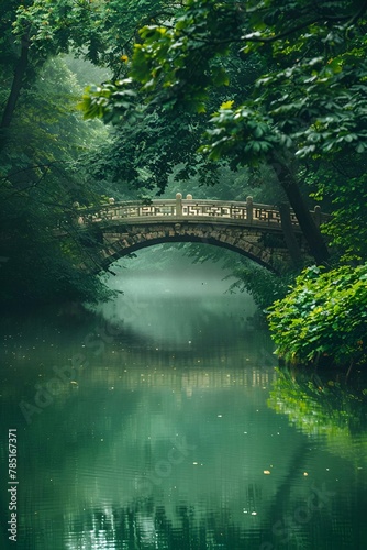 AI generated illustration of a misty forest bridge over water with foliage backdrop © Wirestock
