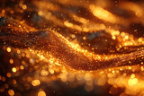 A closeup of golden glittering particles flowing in the air, creating an abstract background. The background is dark and has bokeh effects. Created with Ai