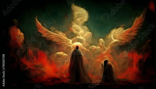 AI generated illustration of two men in red robes by flames gaze at the sky